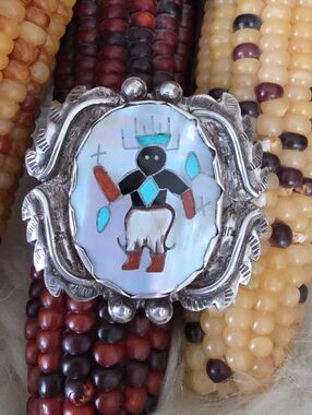Stunning Native American Zuni Inlaid Ga'an Dancer Brooch 🤍🩵🖤🎁